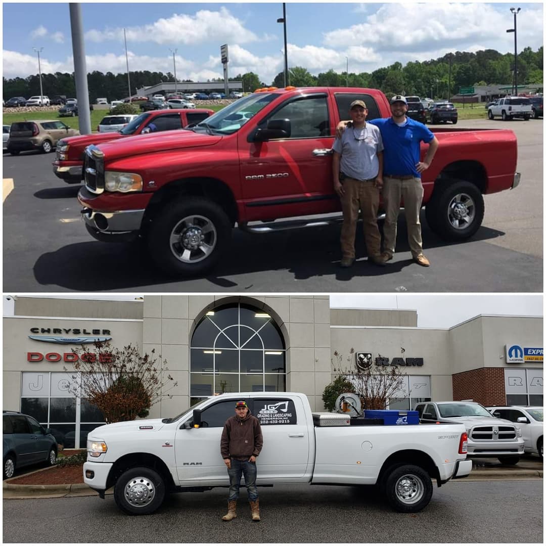 The day I bought my first diesel truck — my 2005 Dodge Ram,  Fast-forward a few years later — standing at the dealership except this time picking up my first brand-new truck for JG Grading & Landscaping from its first service.. A full-circle moment.2500. I was still in high school, but I knew I needed something dependable if I was going to grow my business.