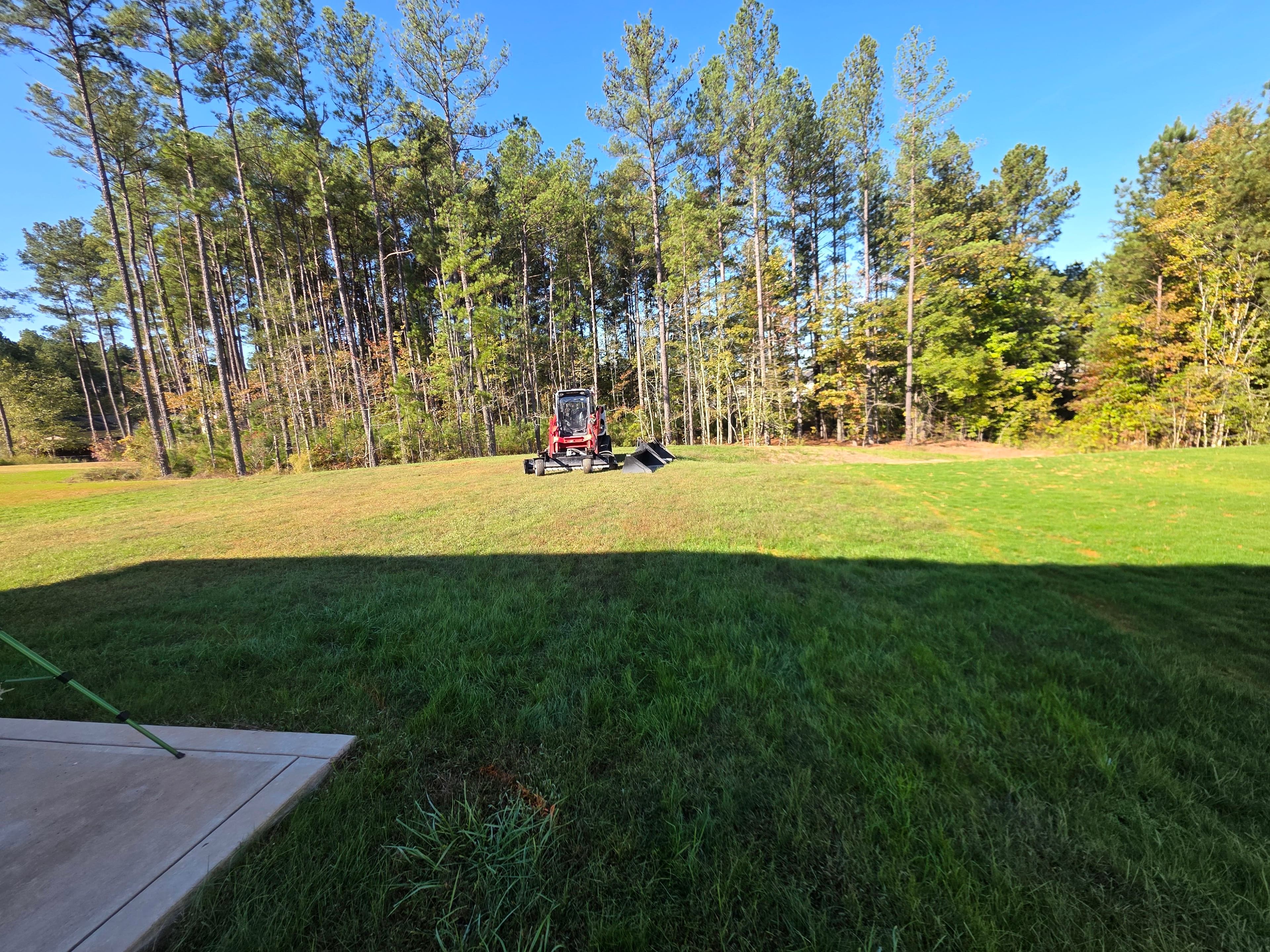 Red tractor mowing a grassy field with tall trees in the background on a sunny day.