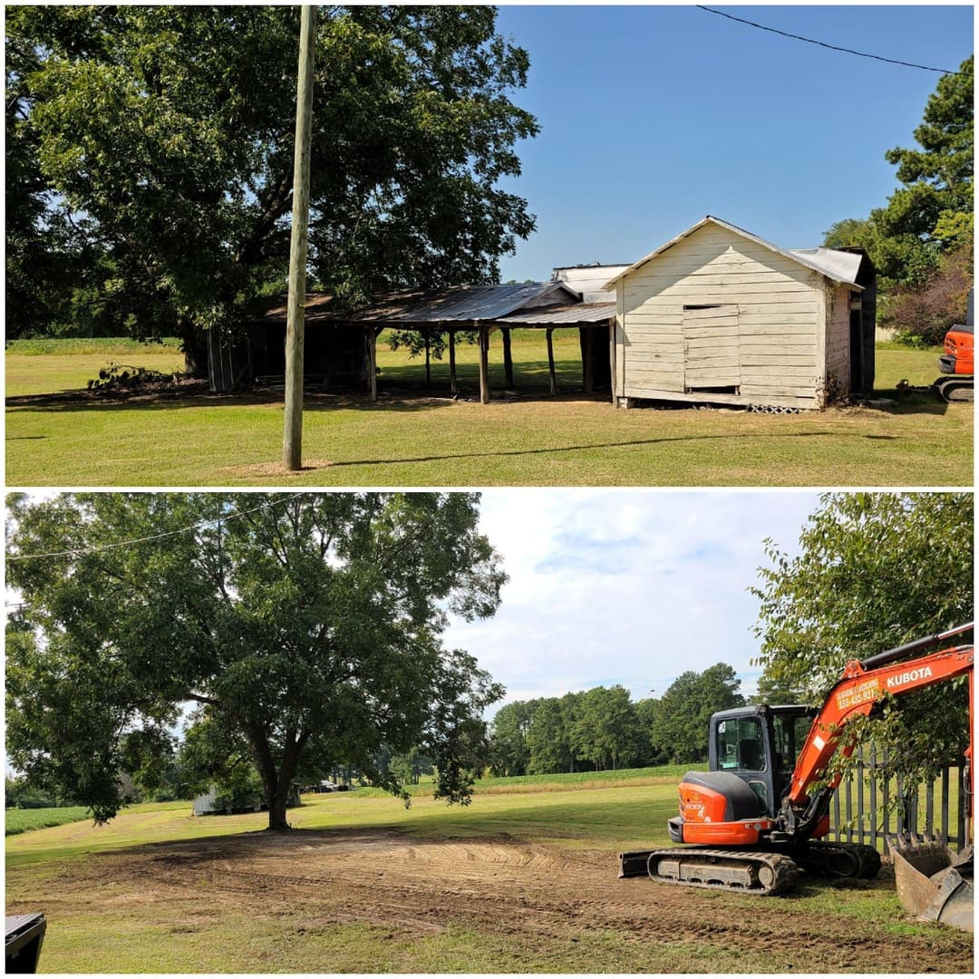 Abandoned house renovation with excavator; before and after landscaping transformation.