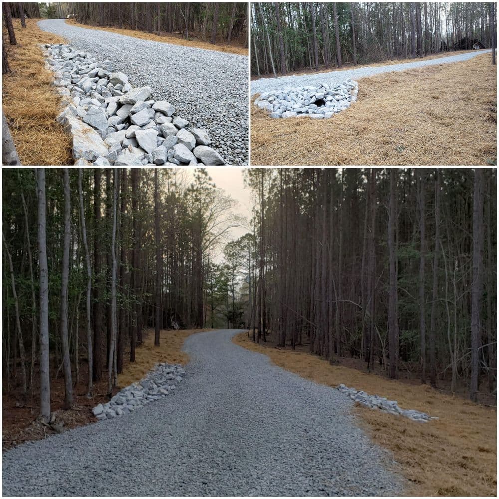 Gravel pathway through wooded area, featuring stone borders and drainage improvements.