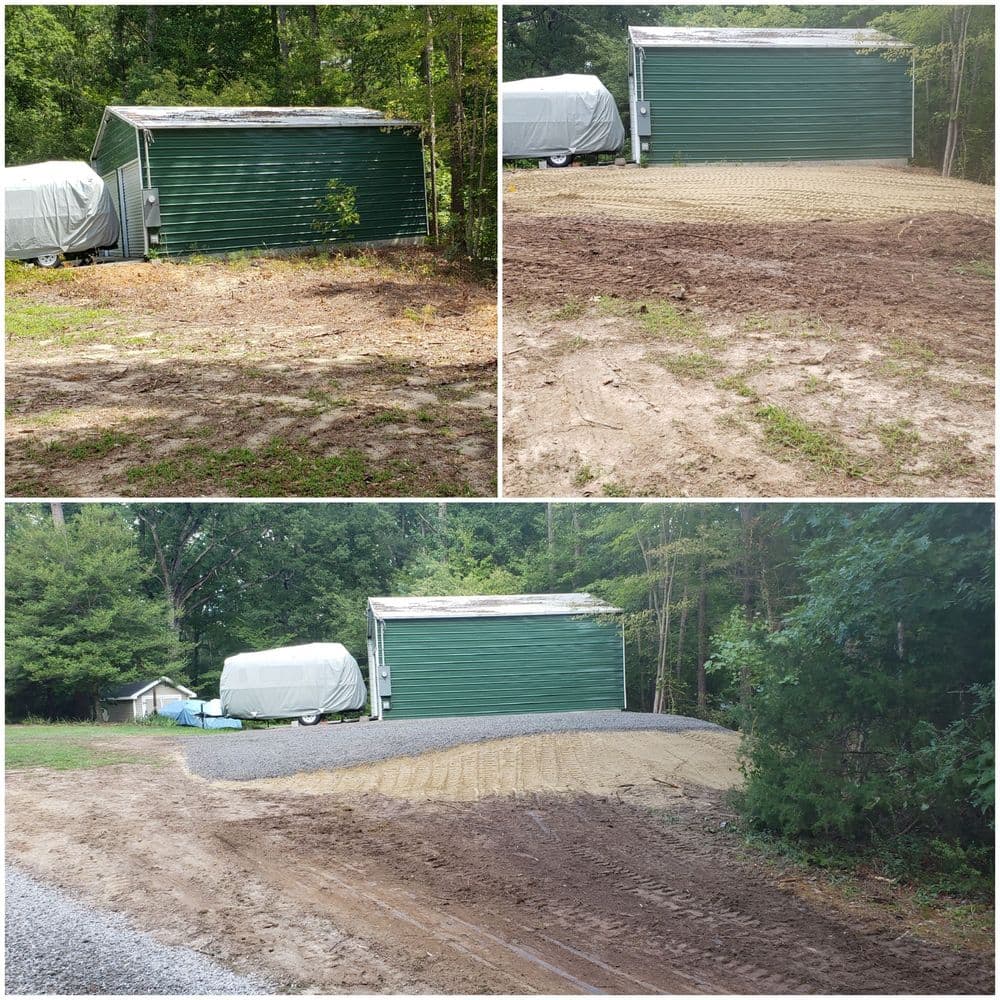 Renovated gravel driveway leading to a green shed in a wooded area.