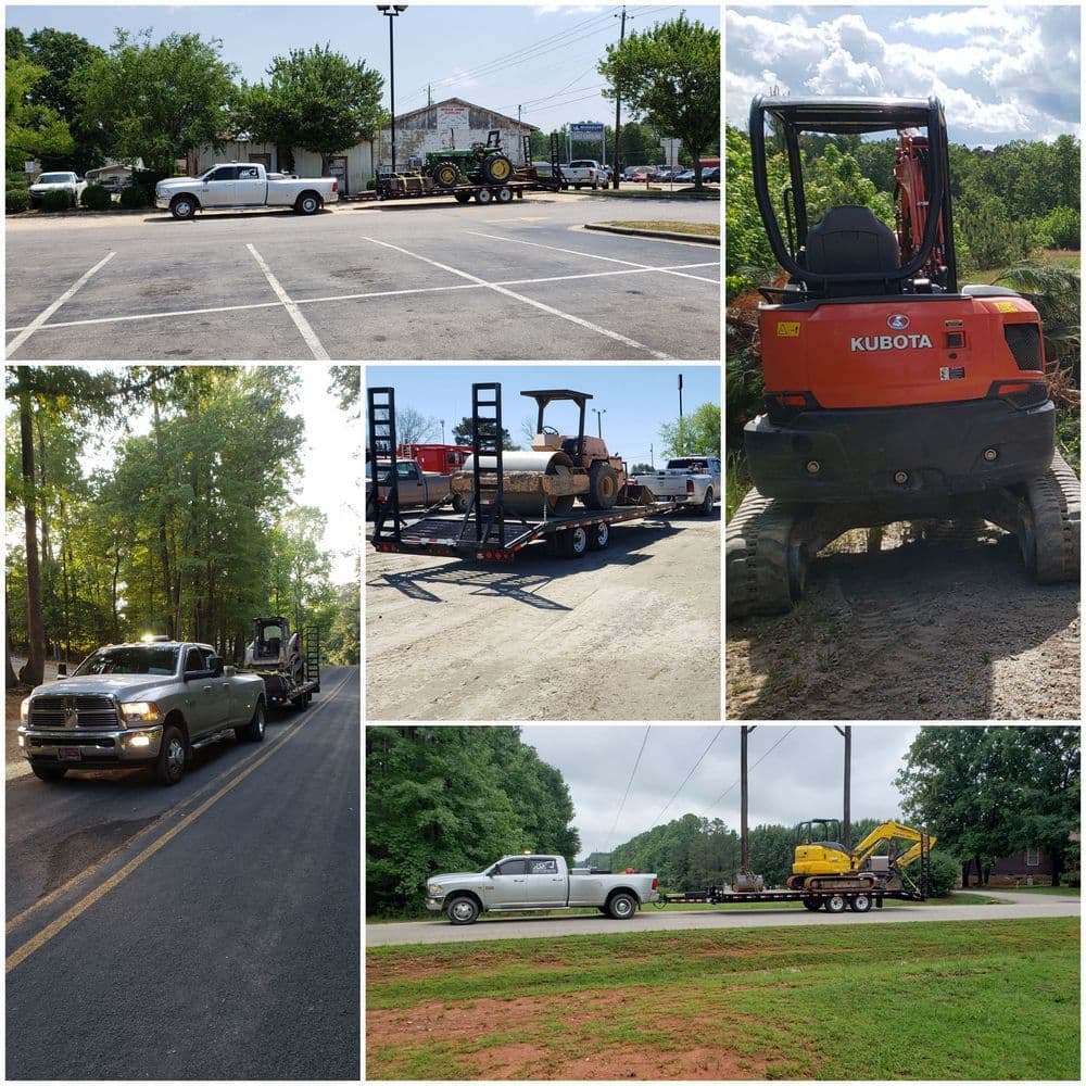 Various construction vehicles and equipment being transported, including a Kubota excavator.