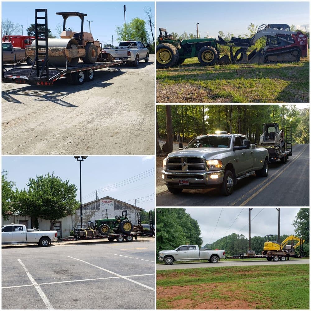 Collage of vehicles transporting heavy machinery and equipment, showcasing a variety of trailers.