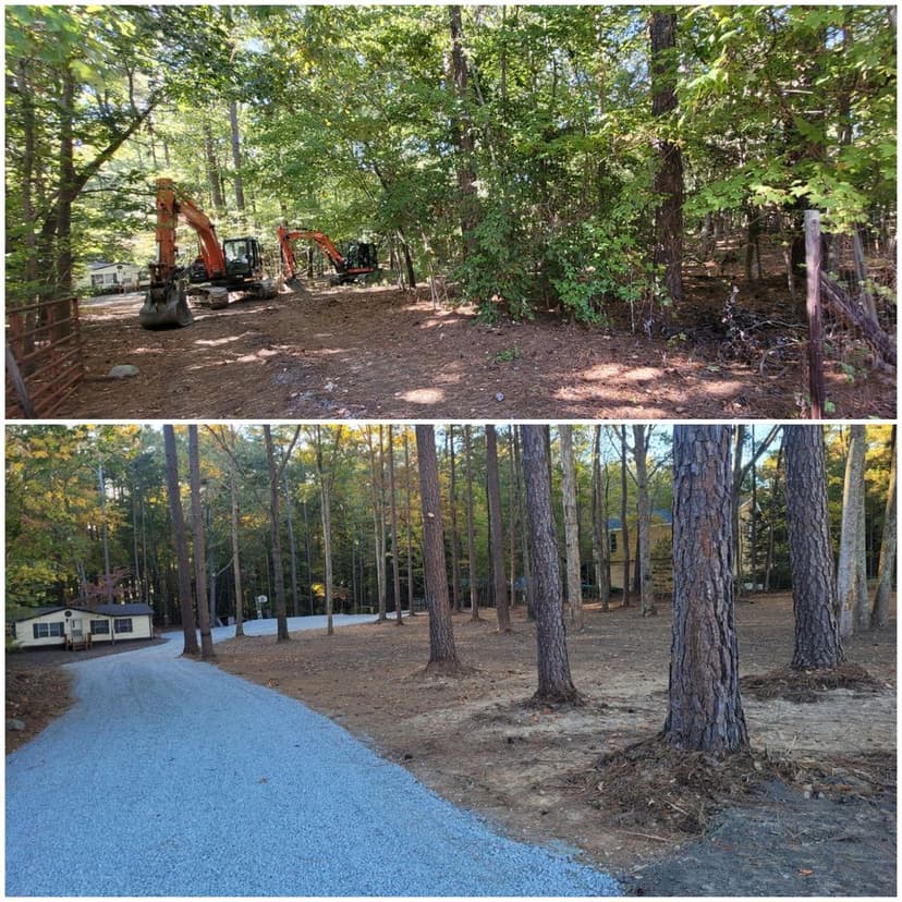 Before and after transformation of a wooded area, showcasing land clearing and gravel driveway installation.
