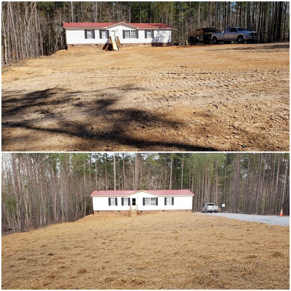 Before and after photos of a cleared lot with a mobile home in a wooded area.