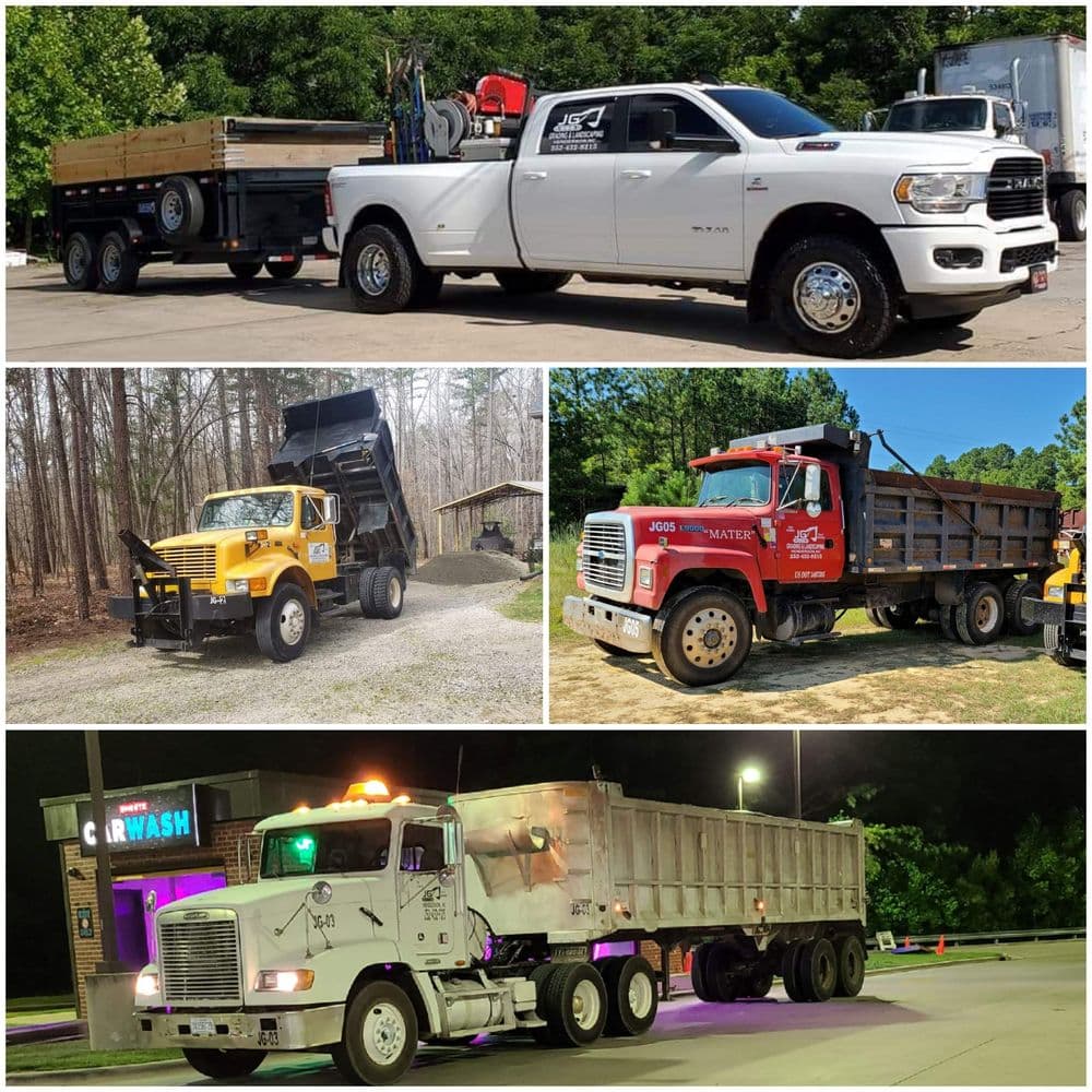 Collage of various trucks: white pickup with trailer, yellow dump truck, red and white dump trucks.