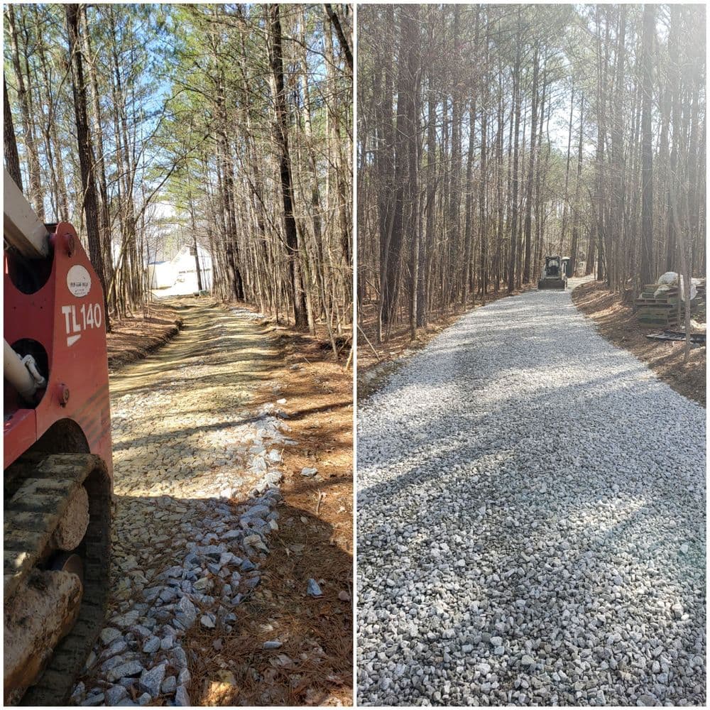 Before and after photos of a gravel forest road improvement project with heavy machinery.