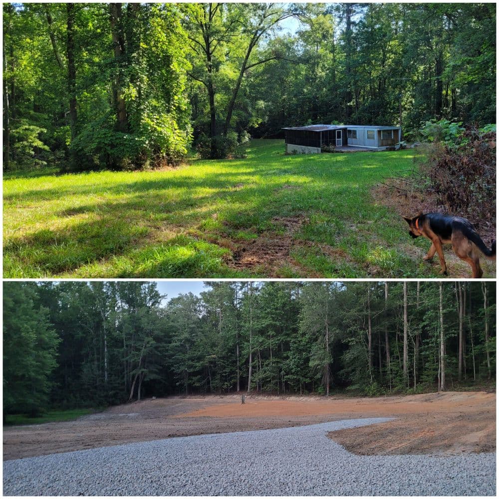Before and after images of a wooded property transformation: mobile home and cleared land.