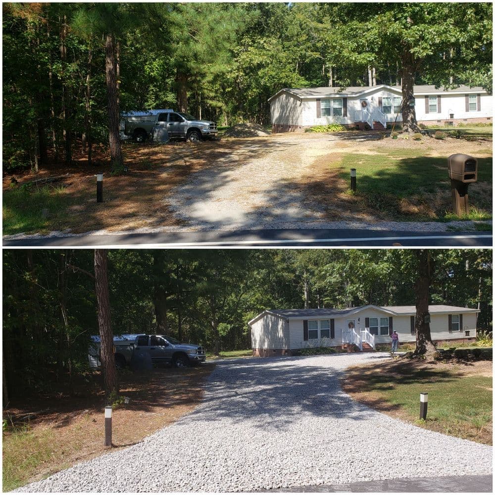 Before and after of a gravel driveway installation at a home in a wooded area.