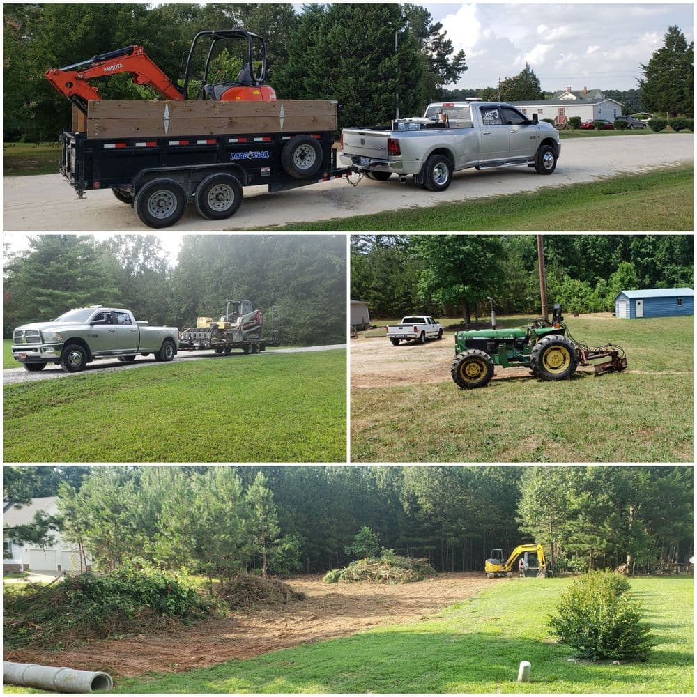 Pickup truck towing a trailer with construction equipment, clearing land and debris in a rural area.