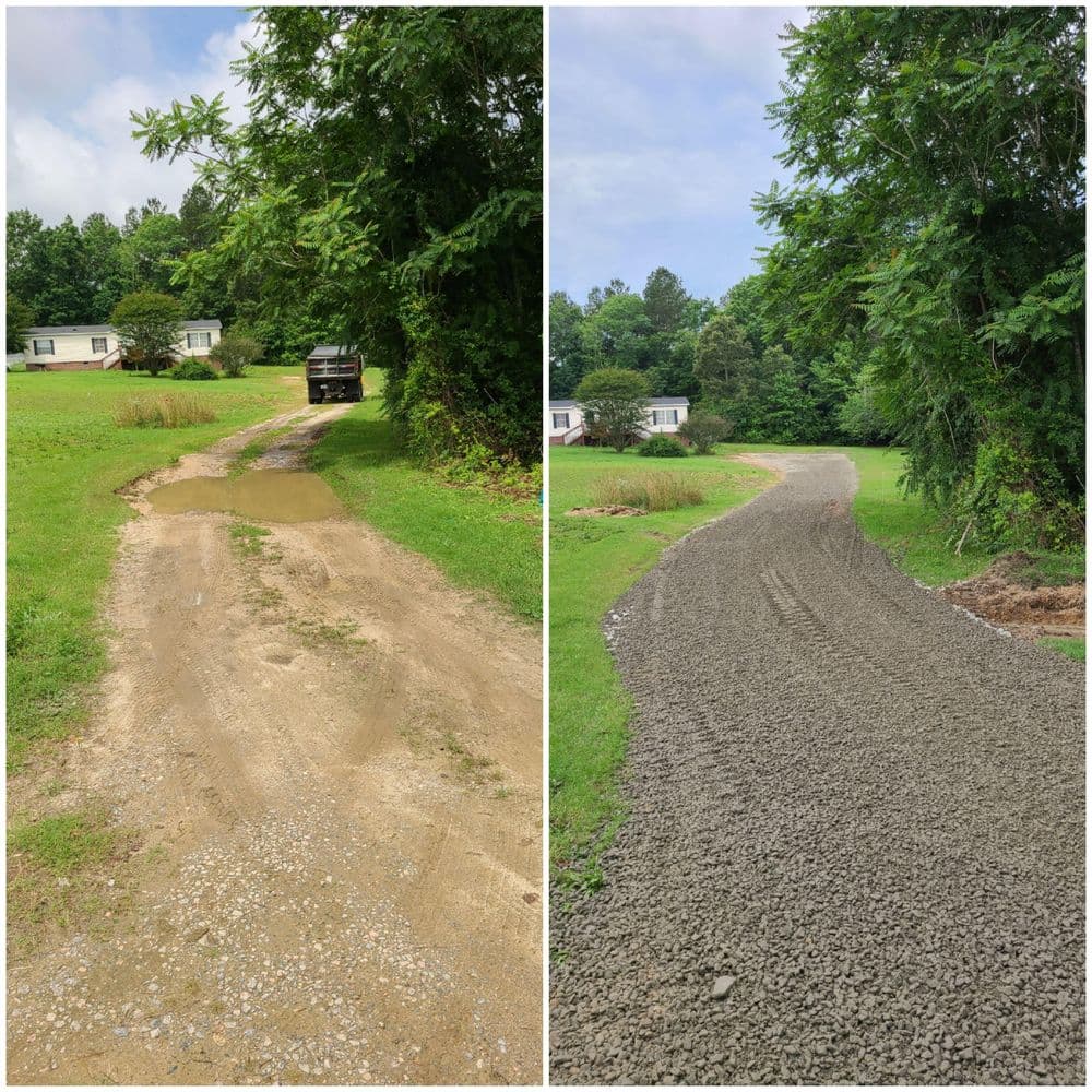 Before and after image of a gravel road improvement, showcasing enhanced drainage and surface.