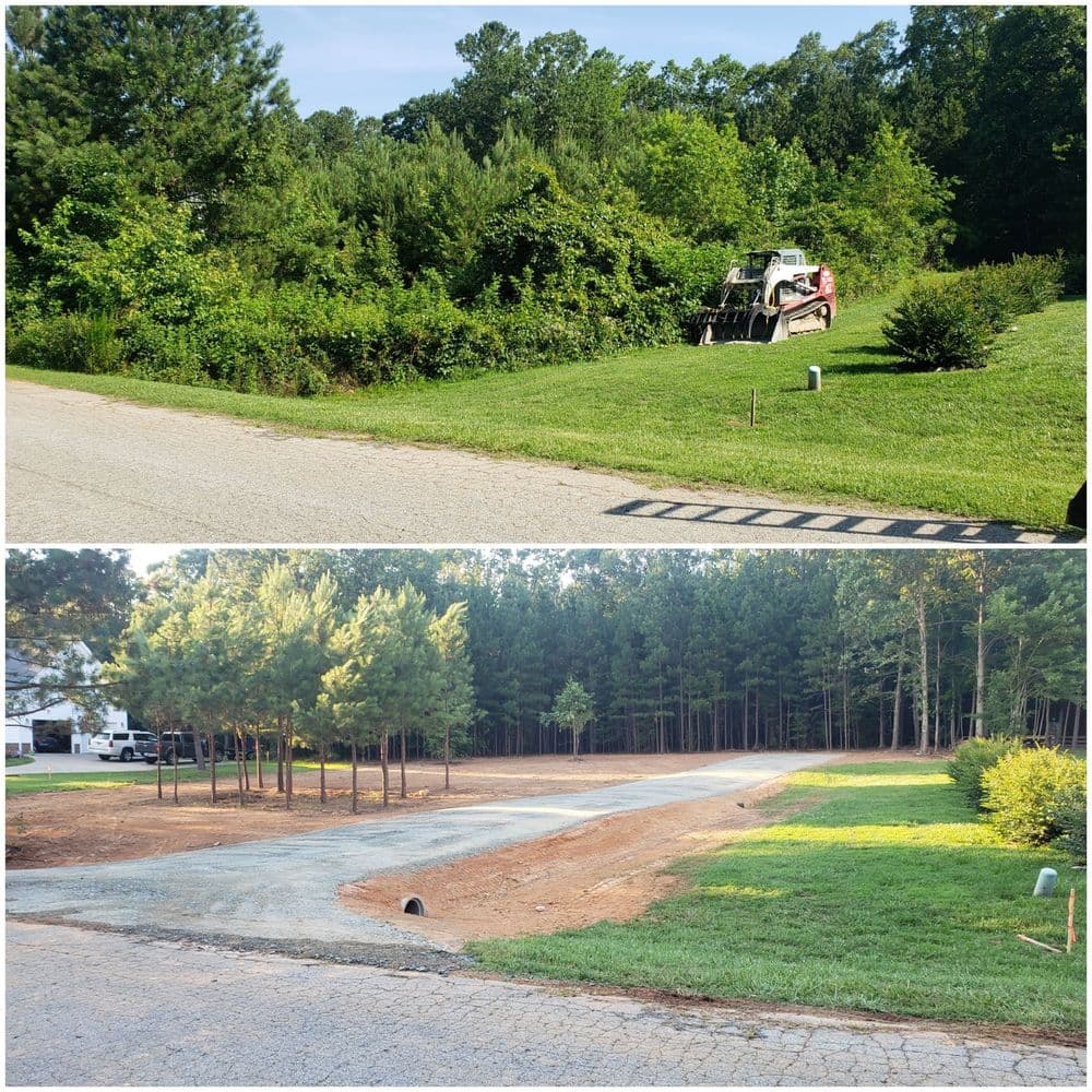 Before and after landscape transformation featuring tractor work and new gravel driveway.