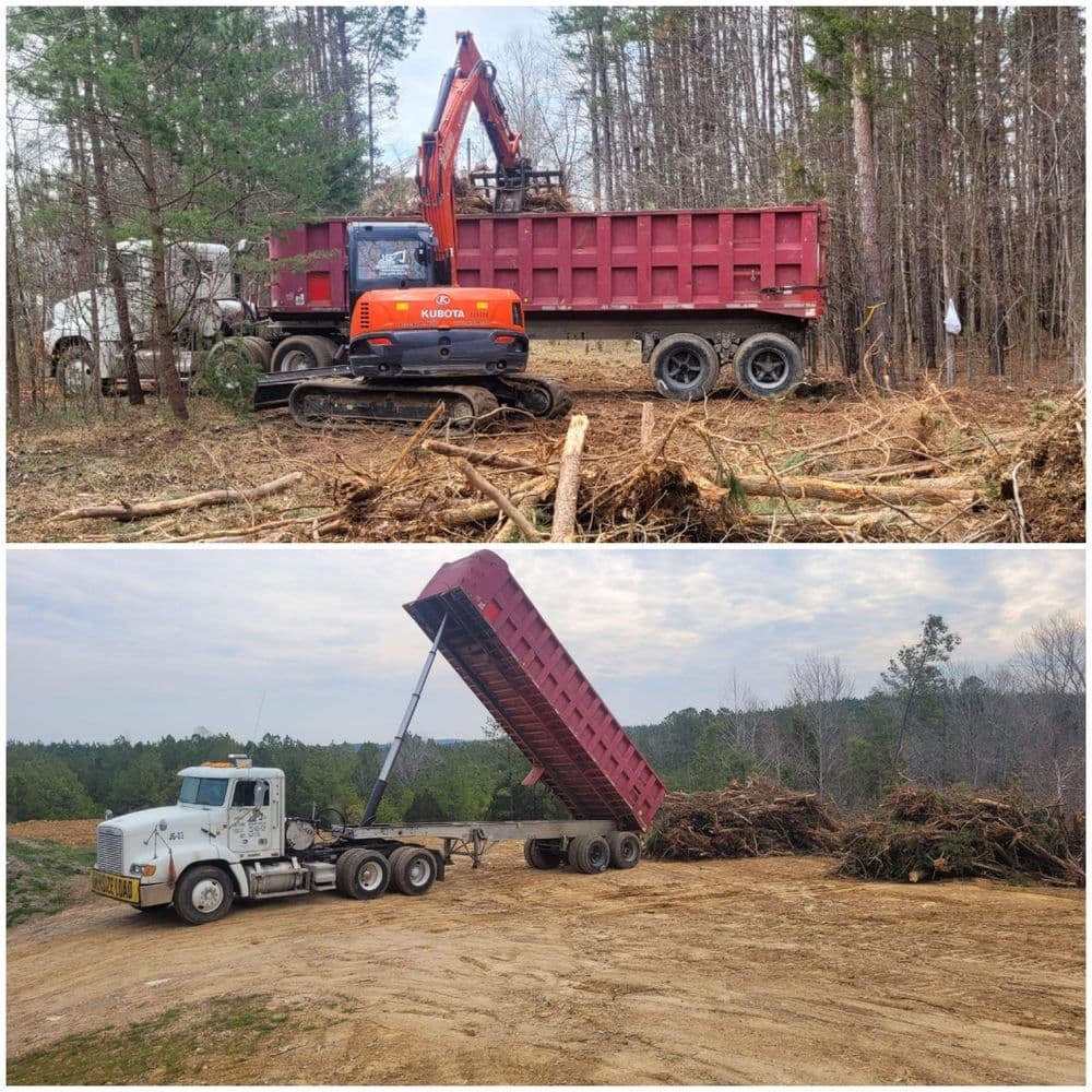 Excavator loading log debris into a truck for transport in a wooded area. Heavy machinery operation.