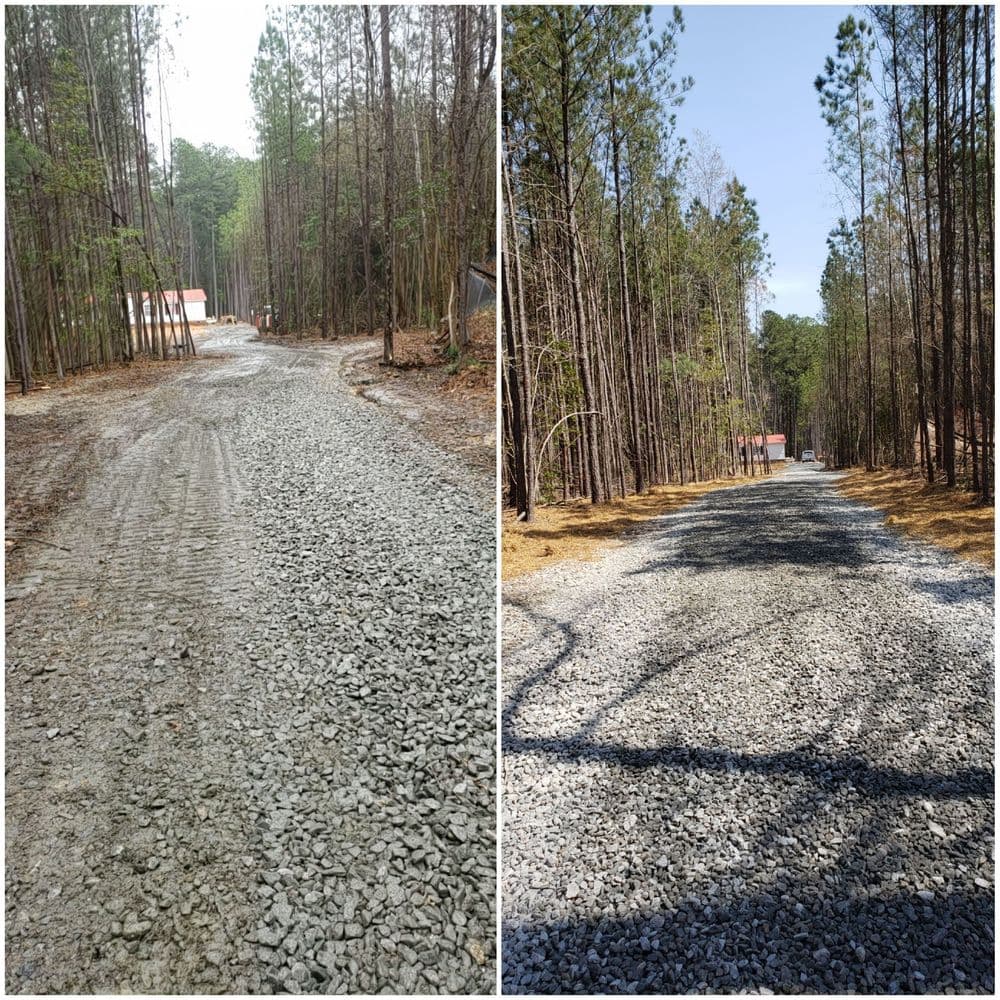 Gravel road through forest before and after maintenance, showcasing improved accessibility.