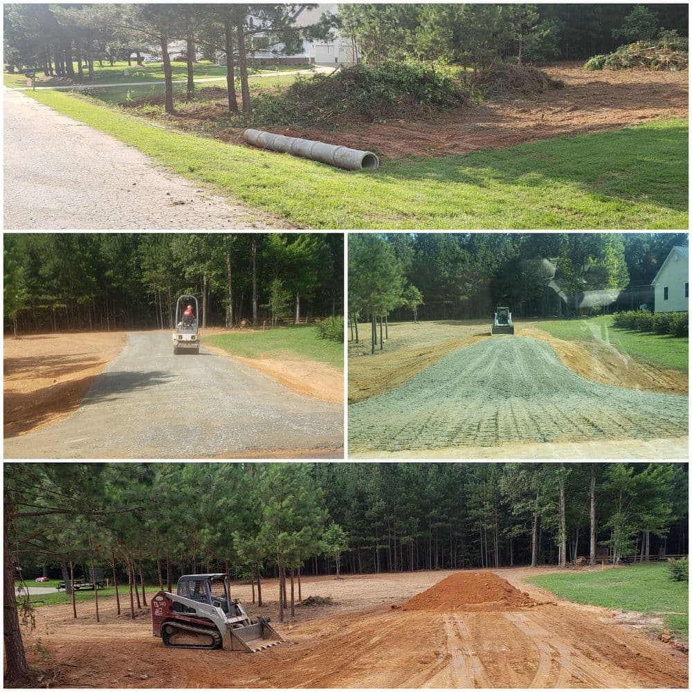 Construction site showcasing land grading, road preparation, and earth-moving equipment in wooded area.