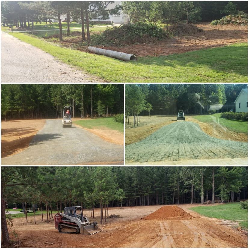 Construction site progress featuring grading, gravel, and pipe installation in a residential area.