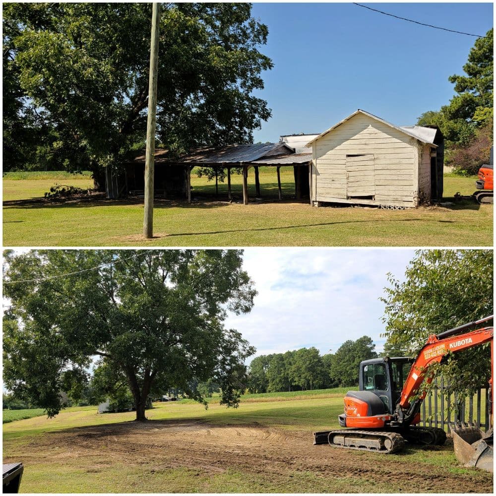 Before-and-after view of a house renovation and landscaping with an excavator in the foreground.