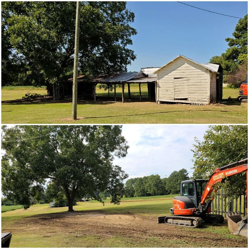Before and after image of a renovated old house and cleared land with an excavator.