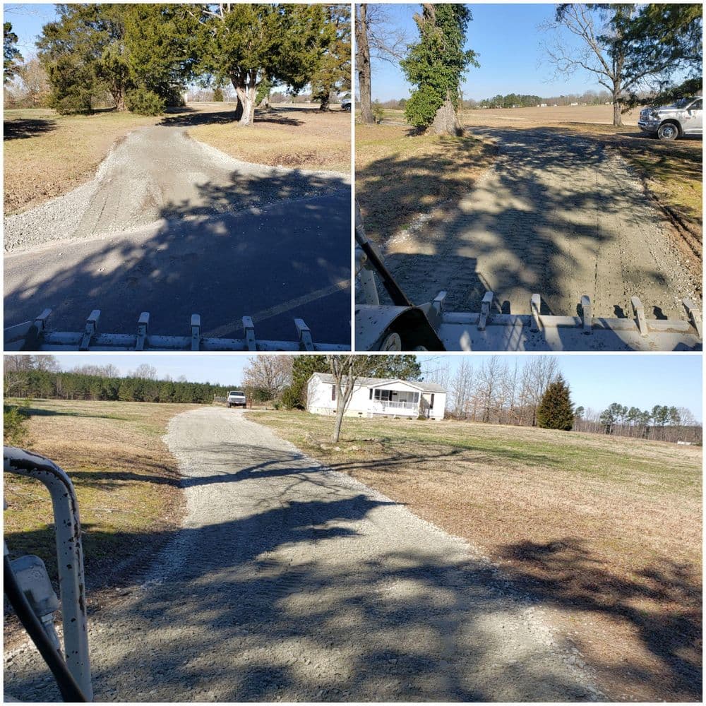 Gravel driveway installation in a rural area with trees and a home in the background.