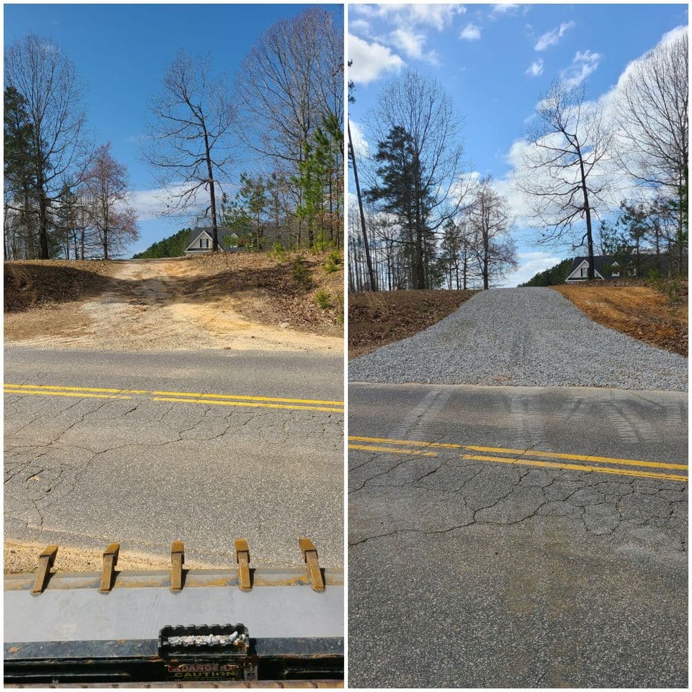 Before and after images of a road improvement project showing gravel paving and landscaping changes.