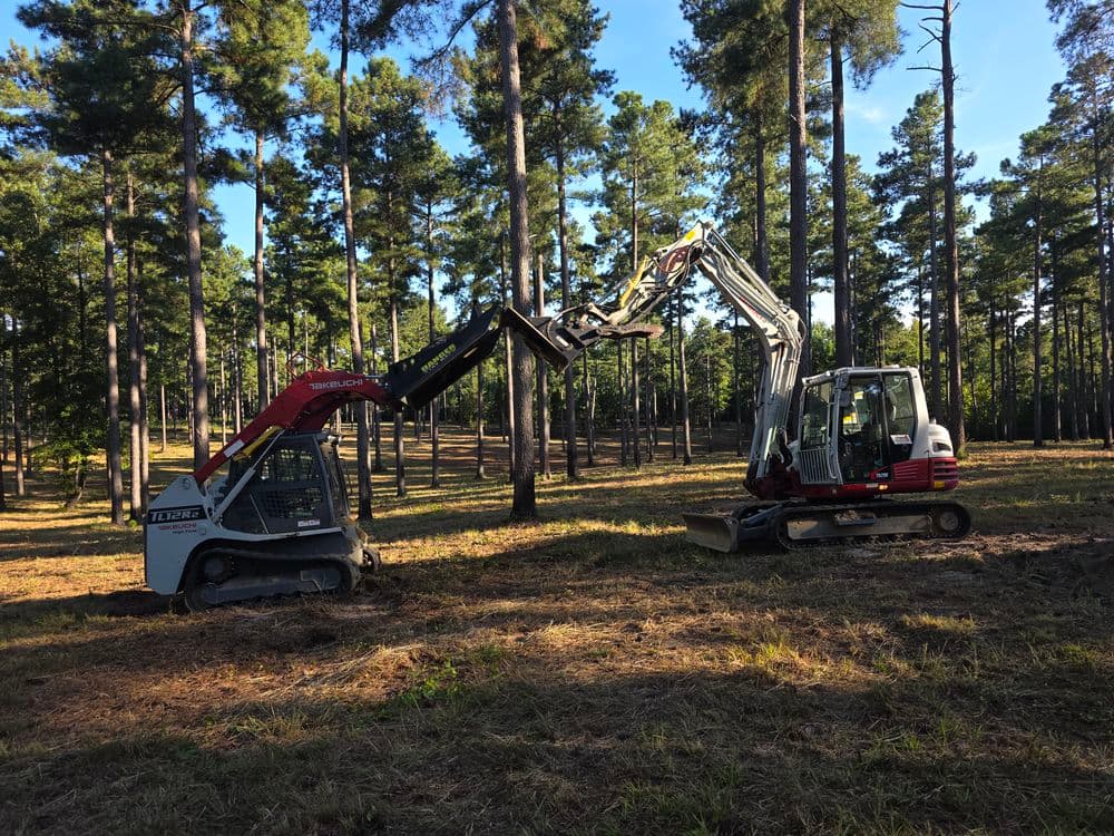 Two excavators working in a forested area, surrounded by tall trees and clear blue sky.