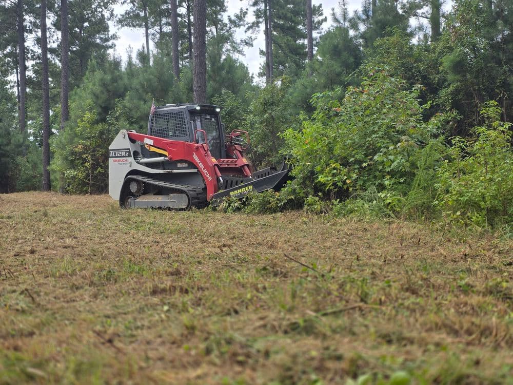 Compact skid steer clearing overgrown vegetation in a wooded area.