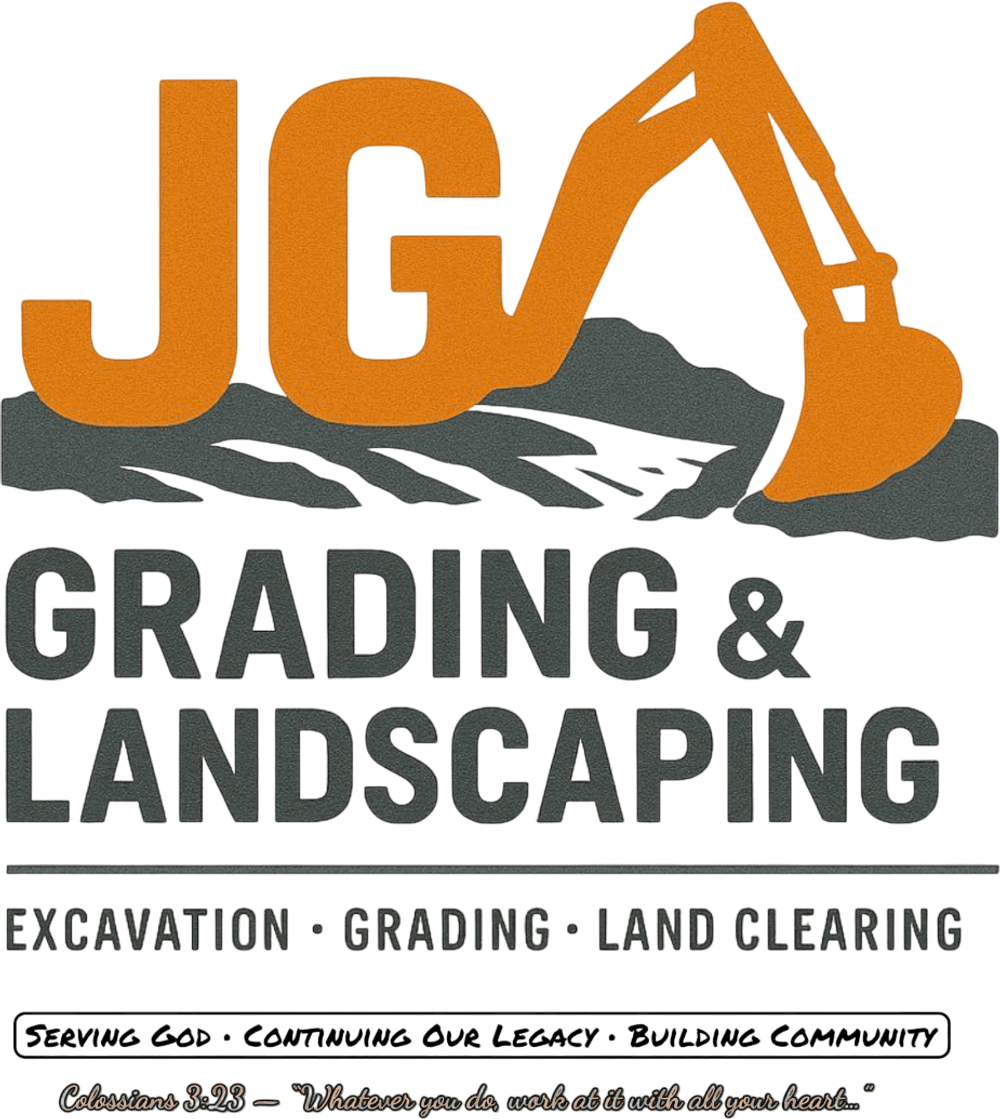 JG Grading & Landscaping logo featuring excavator; services: excavation, grading, land clearing.
