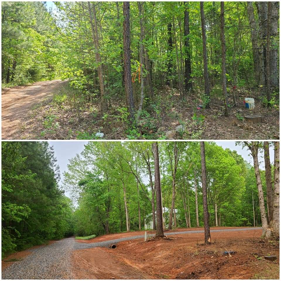 Before and after images of a forested path, showing clearing and landscaping improvements.