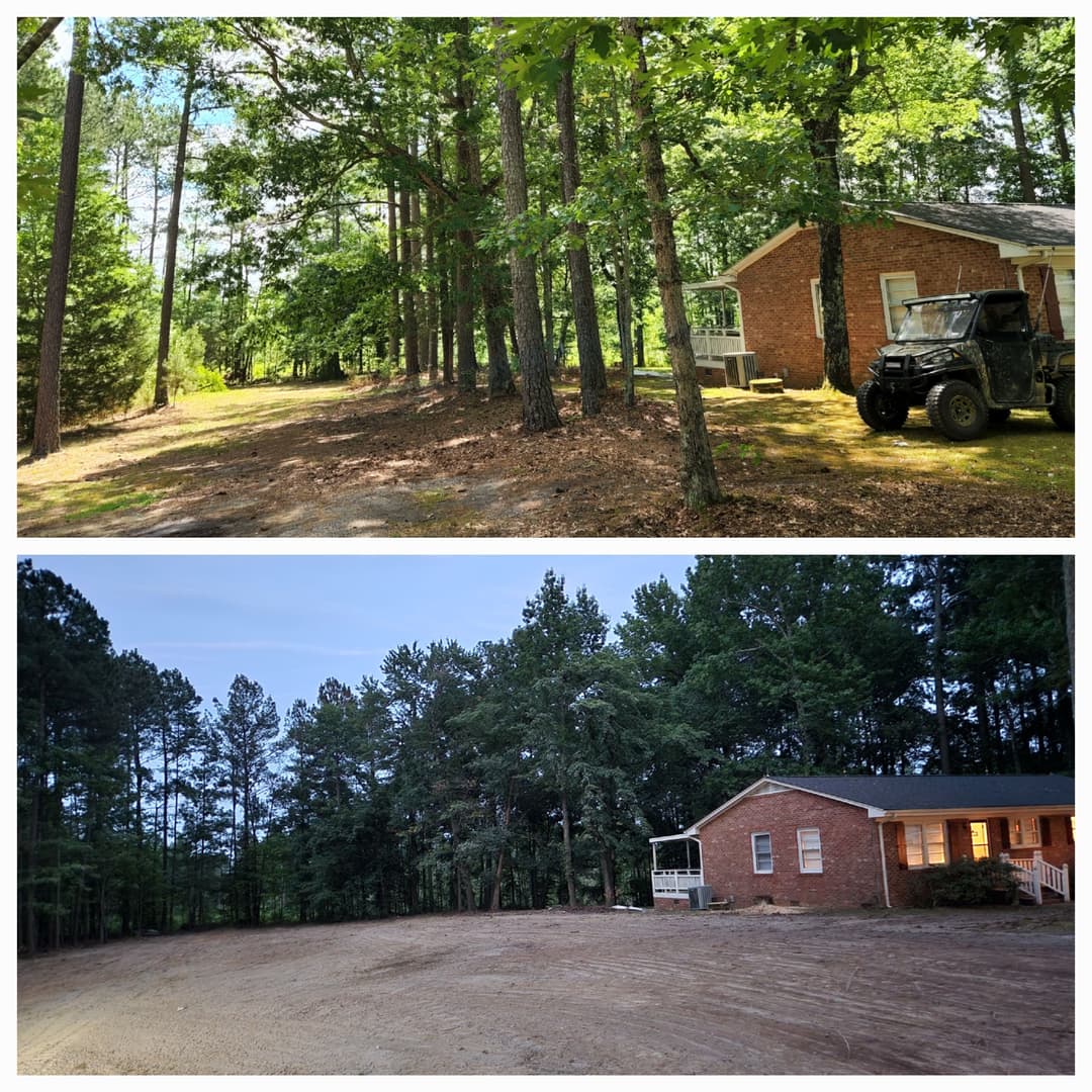Before-and-after view of a wooded lot transformed into a cleared space near a brick house.