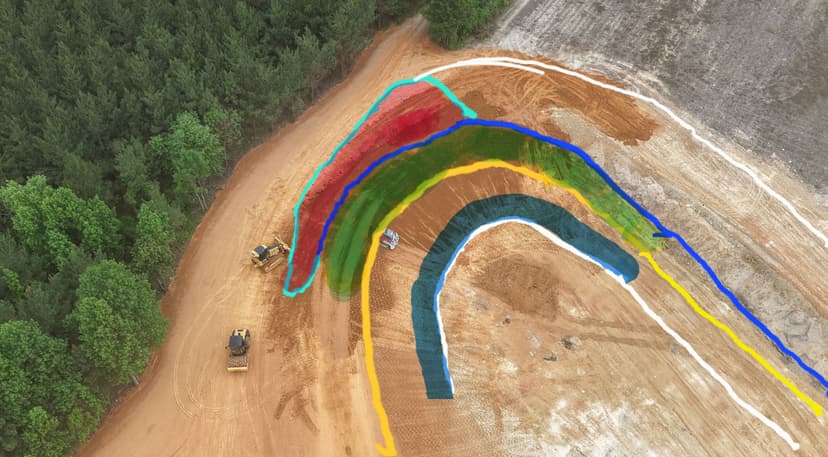 Aerial view of construction site with colored lines for terrain mapping and machinery in action.