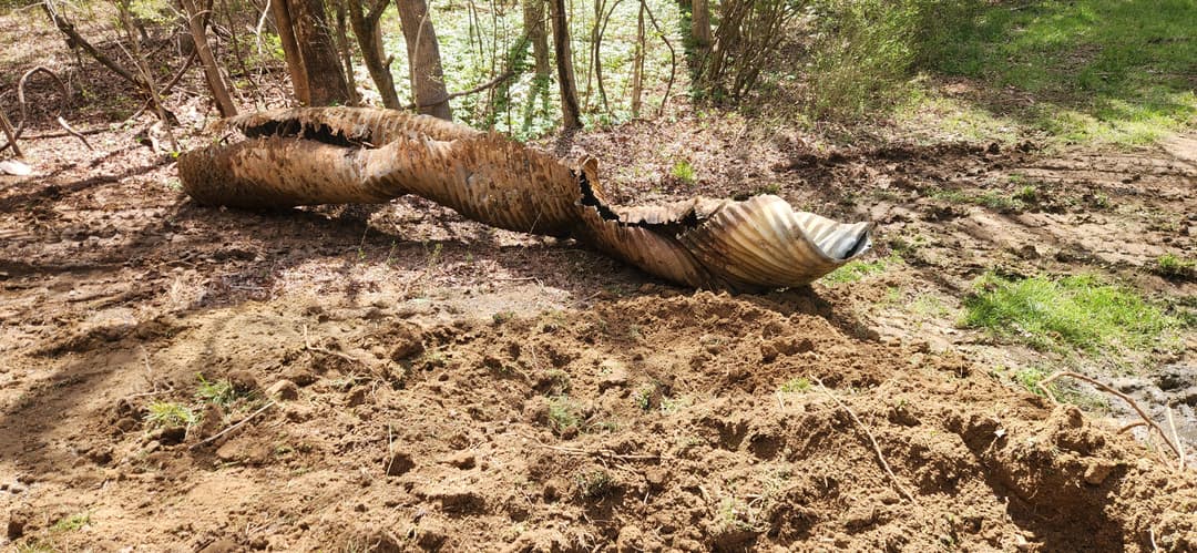 Corroded metal pipe partially buried in dirt, surrounded by trees and overgrown vegetation.