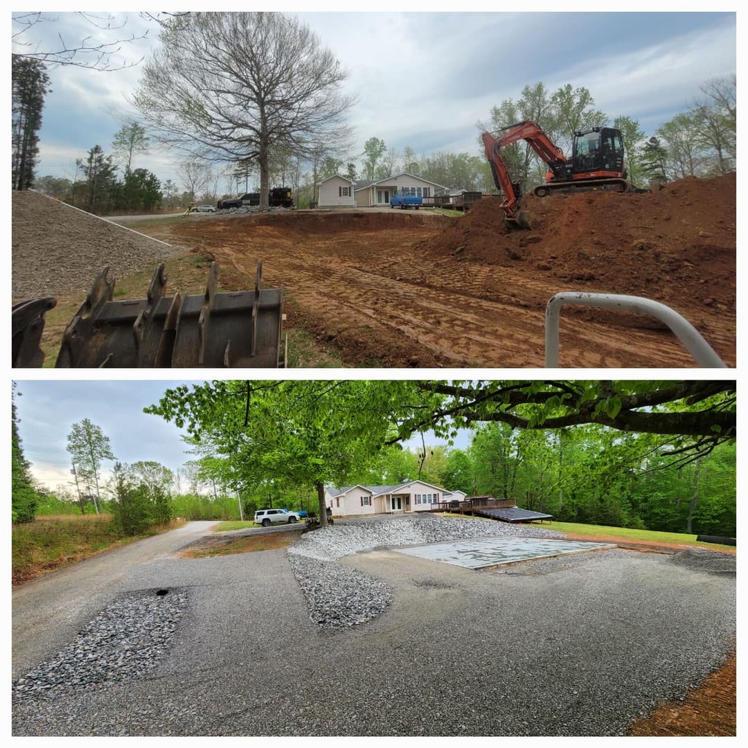 Before and after construction site showing excavation and gravel driveway installation.